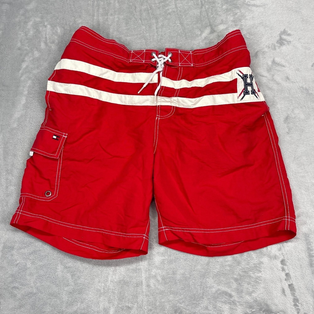 Tommy Hilfiger Shorts Mens XL Red White Striped Mesh Lined Board Surf Surfing